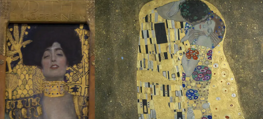 Le due famose opere di Klimt: Juditta e Il bacio, affiancate